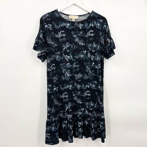 Michael Kors Digital Geometric Print Pullover Mini Tshirt Dress Black Blue Small